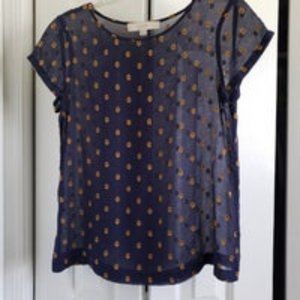 Ann Taylor Loft Sheer Silk Blouse Short Sleeve Navy XXSP